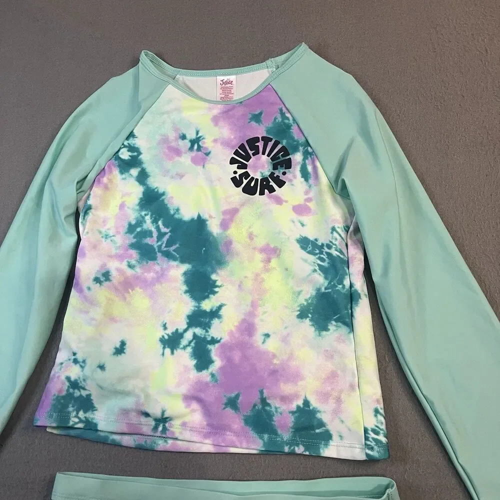 Justice Girls Tie Dye Green Purple Rashguard 2PC Swimsuit Youth Size L 12/14